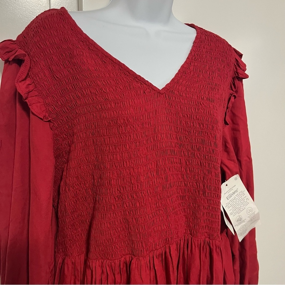 NWT beachlunchlounge Red Long Sleeve Dress Ruffles Smocking Plus Size XXL - Picture 5 of 8